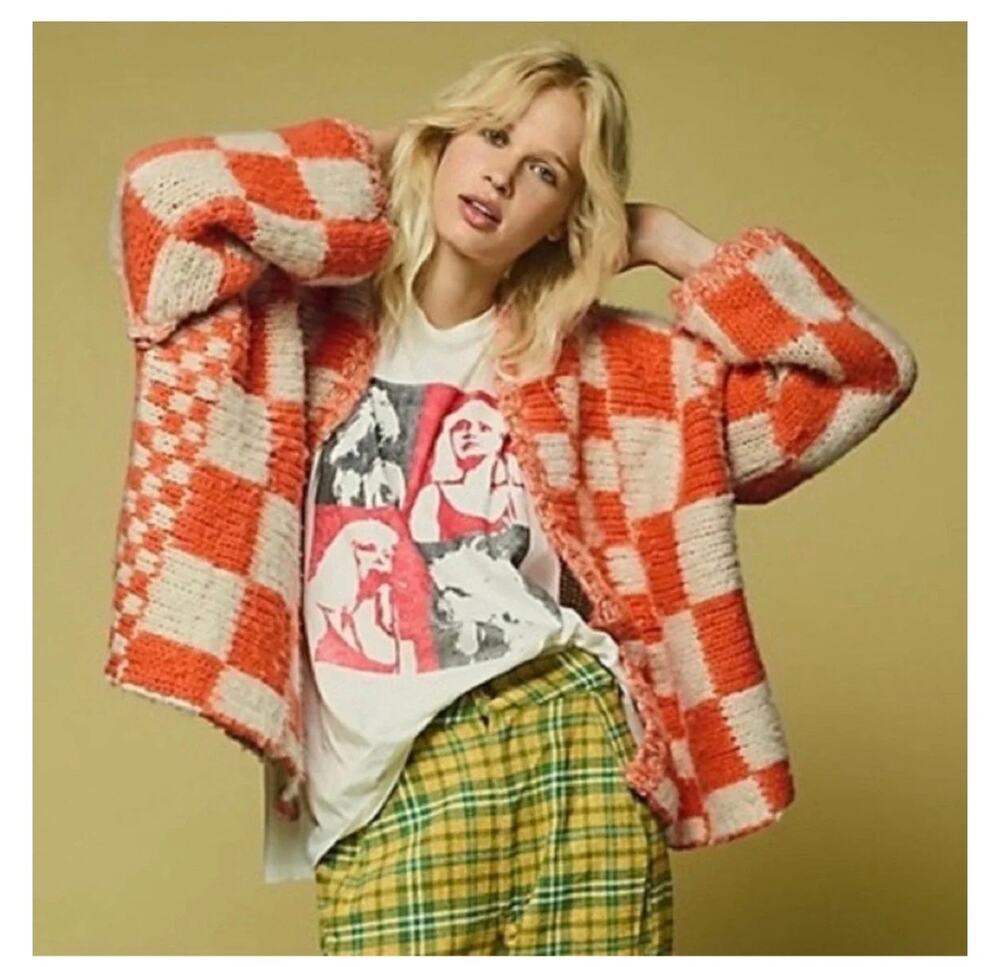 Free People Aldrin Cardi Oversized Fuzzy Sweater Orangesicle Combo XS/S